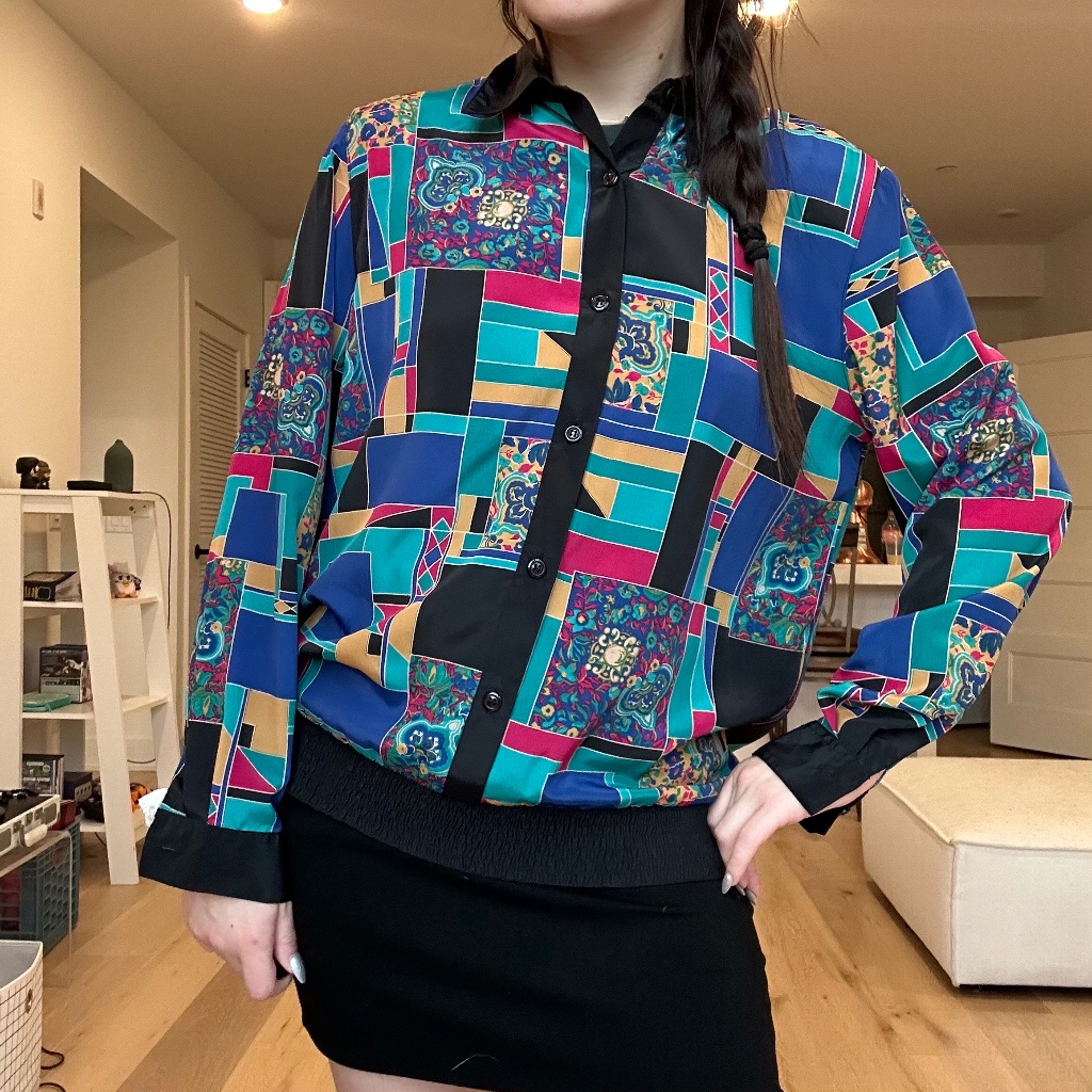 80s Vintage Alfred Dunner Multi Color Geo Print Satin Button Front Shirt